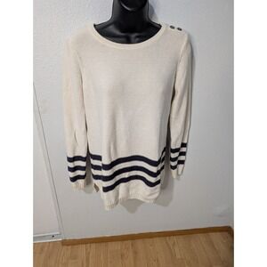 LOFT XS Nautical Stripe Sweater Cream Navy Cotton Button Shoulder‎ Breton